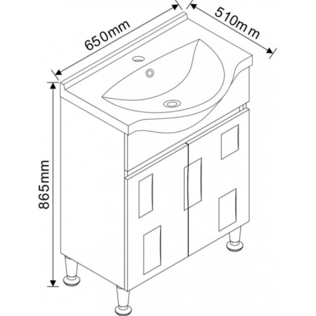 Isometric technical drawing of a bathroom vanity with curved sink and two-door cabinet underneath; dimensions: 650mm deep, 510mm wide, 865mm high, on legs.