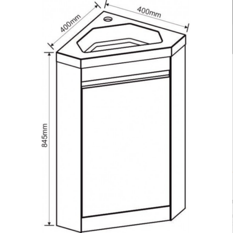 Isometric drawing of a bathroom vanity cabinet with an angled top cutout and circular hole, 400mm wide, 400mm deep, and 845mm tall.