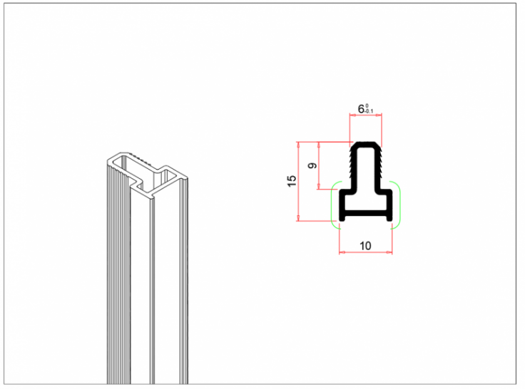 Екранна снимка 2026-08-04 135333 - Мебели за баня и душкабини Cross-section of a U-shaped aluminum extrusion with overall width 10 mm and height 15 mm; inner lip 9 mm, top neck 6 mm; includes a small 3D view on the left.