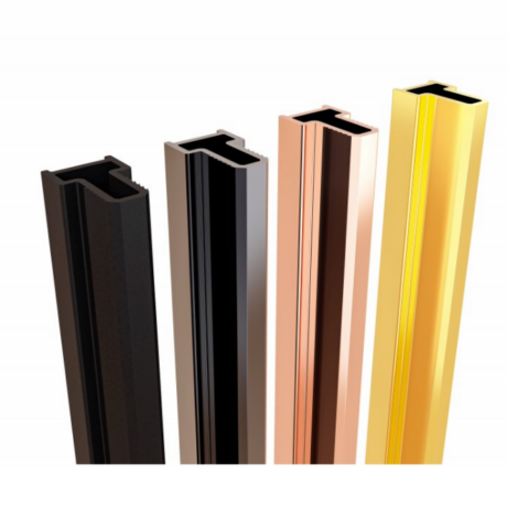 Five metal extrusion profiles with hollow channels in black, silver, copper, rose gold, and gold finishes, arranged in a fan-like formation.