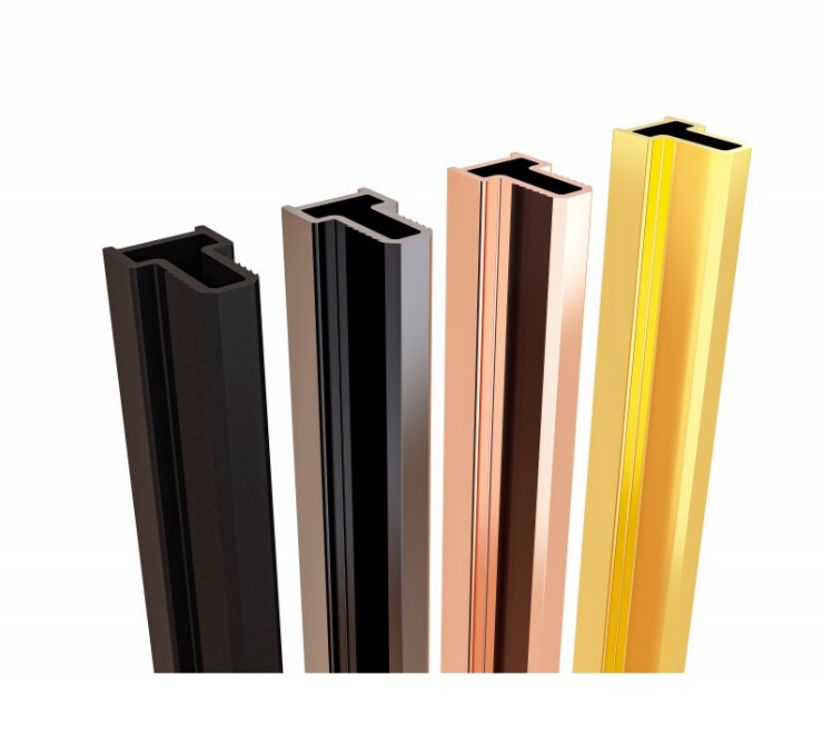 Екранна снимка 2026-08-04 135429 - Мебели за баня и душкабини Five metal extrusion profiles with hollow channels in black, silver, copper, rose gold, and gold finishes, arranged in a fan-like formation.