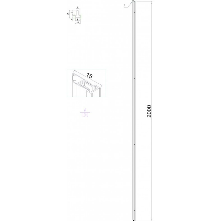 Екранна снимка 2026-08-04 140324 - Мебели за баня и душкабини Technical drawing of a tall, slim vertical panel, 2000 mm tall, with cross-section and A-A detail.