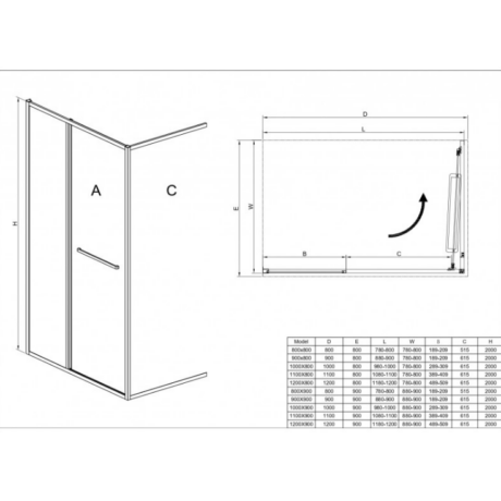 Technical drawing of a corner shower enclosure with labeled panels A and C, showing side perspective and top-view dimensions (D, E, L, W, B, H) and a specification table.