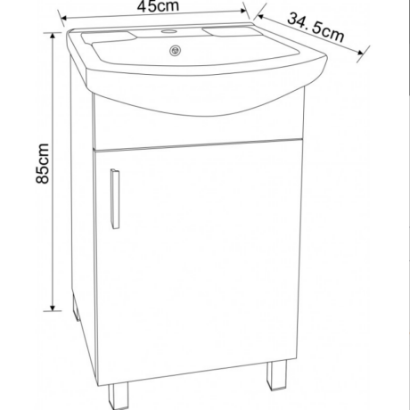 Line drawing of a bathroom vanity with an integrated sink, showing overall dimensions: height 85 cm, width 45 cm, depth 34.5 cm; single-door cabinet with a vertical handle and four legs.