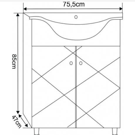 Line drawing of a bathroom vanity: 75.5 cm wide, 85 cm tall, 41 cm deep, with a curved sink on top and two doors featuring diagonal cross bracing and central vertical divider.