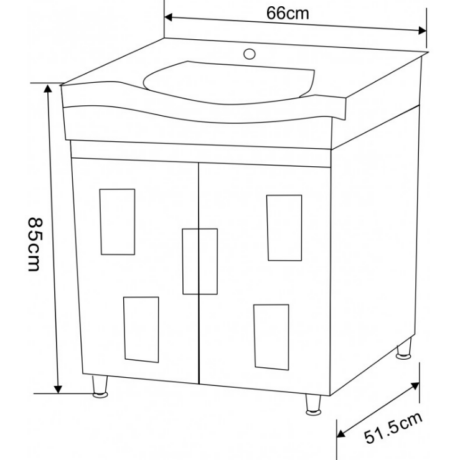 Line drawing of a bathroom vanity with a curved sink on top, two cabinet doors with central handles, and four decorative panels, raised on short legs. Overall dimensions shown: 66 cm wide, 85 cm high, and 51.5 cm deep.