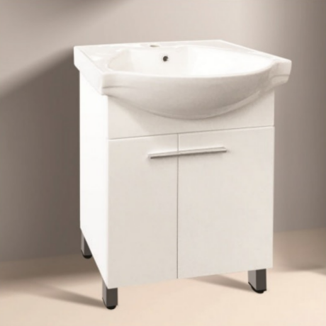 White bathroom vanity with a curved basin sink and two cabinet doors beneath it, on short legs.