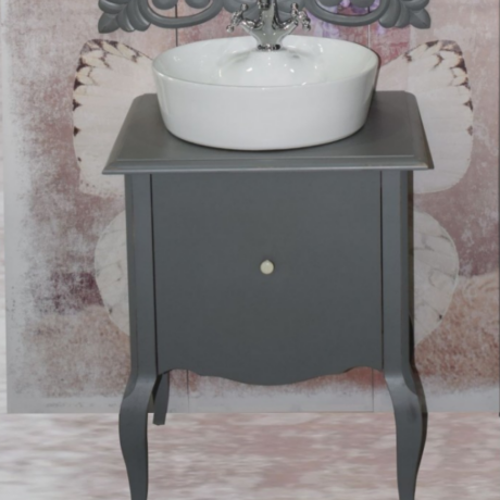Gray freestanding bathroom vanity with curved legs, a round white vessel sink, and a single knob drawer cap on top of a wide countertop.