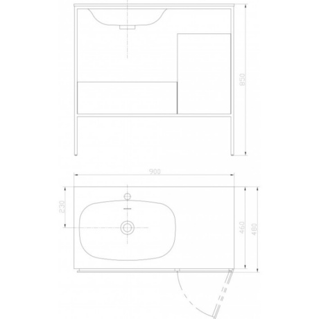 Technical drawing of a bathroom vanity with an integrated oval sink, showing front and top views with dimensions (900 mm wide, 850 mm high). Cabinet doors and drawers are outlined beneath the sink area.