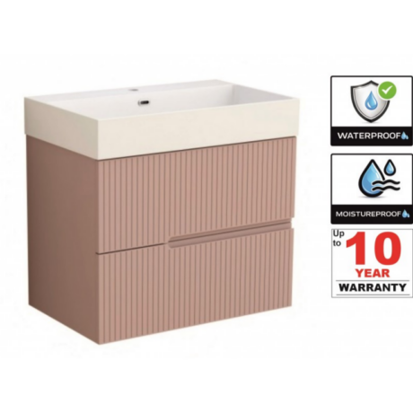 Wooden bathroom vanity with a white sink top and vertical-slatted doors; features waterproof and moistureproof badges and a 10-year warranty tag.