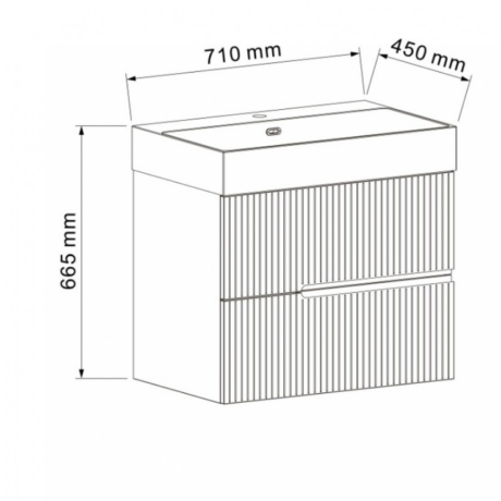 Line drawing of a bathroom vanity with integrated sink; grooved front panels; 710 mm wide, 450 mm deep, 665 mm high.