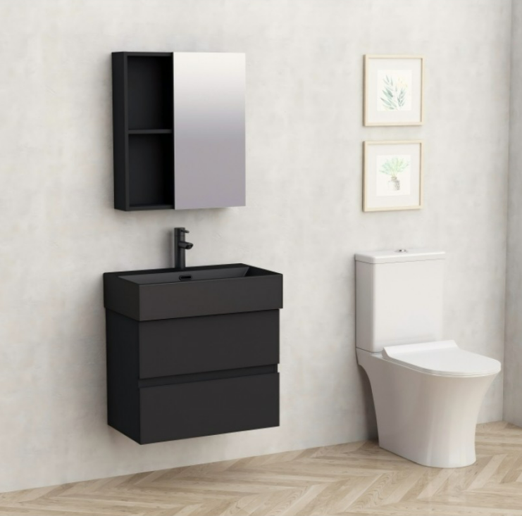 Modern black wall-mounted vanity with sink, above it a matching black cabinet, and a white toilet beside two framed plant prints on the wall.
