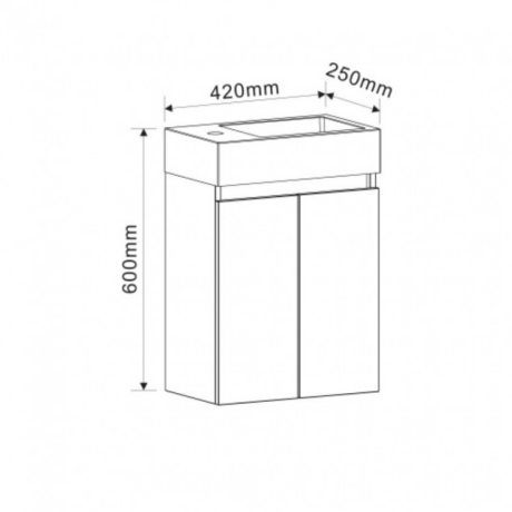 Line drawing of a two-door bathroom vanity cabinet with a recessed top basin area; overall dimensions: 600 mm tall, 420 mm wide, 250 mm deep.
