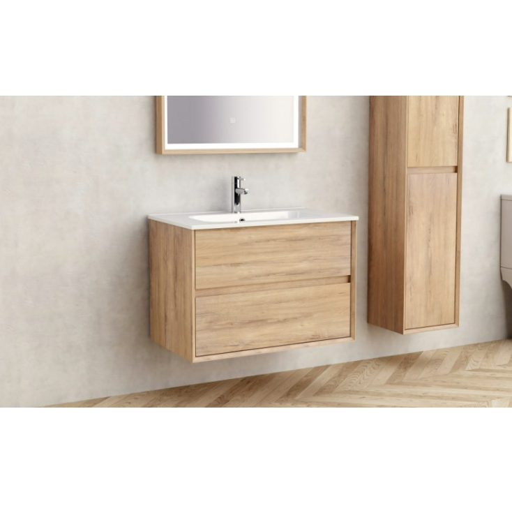 Floating wooden bathroom vanity with white sink, chrome faucet, and matching tall storage cabinet against a light gray wall.