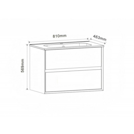 Bathroom vanity cabinet with integrated sink cutout; overall 810mm wide, 463mm deep, 569mm tall with two drawers.