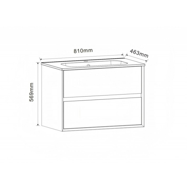 Bathroom vanity cabinet with integrated sink cutout; overall 810mm wide, 463mm deep, 569mm tall with two drawers.