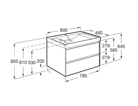 Isometric technical drawing of a two-drawer bathroom vanity with a sink, with labeled millimeter dimensions indicating width, depth, and height.