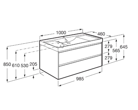 Isometric diagram of a bathroom vanity cabinet with a sink, showing overall width about 985 mm, depth about 1000 mm, and height about 645 mm, with two drawers and labeled dimension lines indicating various heights.