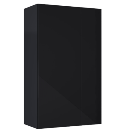 Tall black two-door storage cabinet with a sleek finish