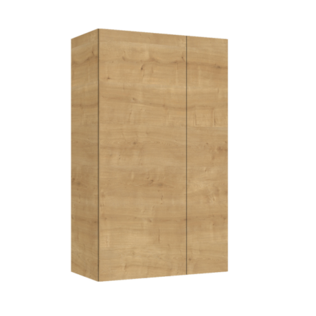 Three-door wooden wardrobe with a light oak finish, standing upright on a white background.