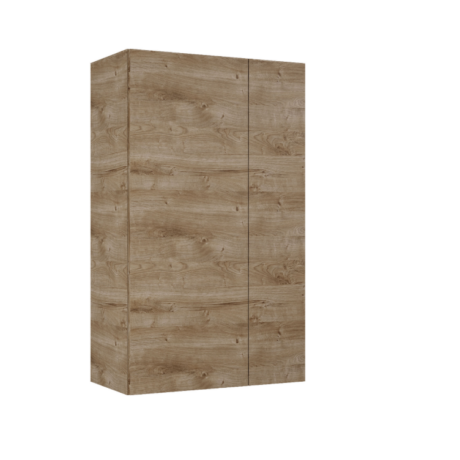 Wooden two-door wardrobe with a natural oak finish and visible wood grain surface to the front doors.