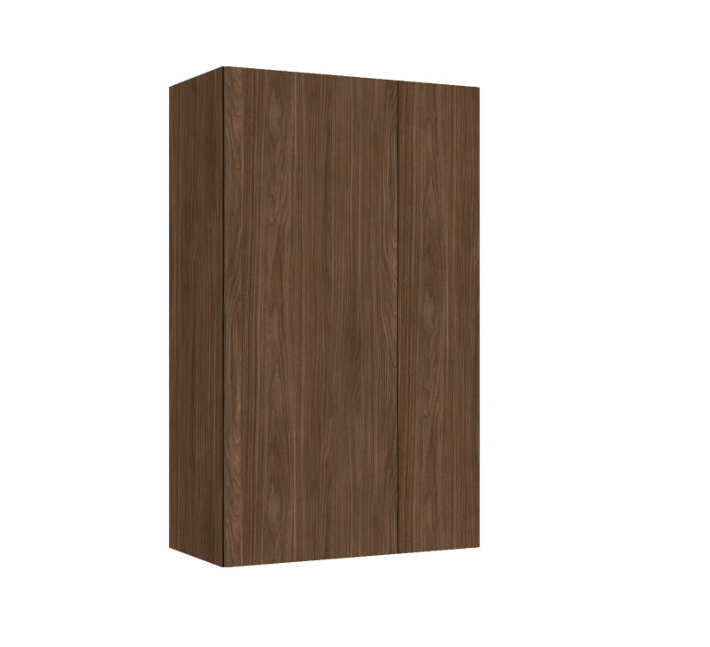Tall brown wooden wardrobe with three vertical doors and subtle wood grain panels
