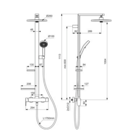 Technical schematic of a wall-mounted shower column showing a vertical rail with an overhead bar and a handheld shower on a flexible hose; includes front and side views with installation measurements in millimeters.