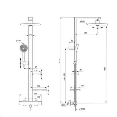 Technical drawing of a wall-mounted shower system with a handheld shower on a vertical bar, shown in front and side views with measurements and mounting points.