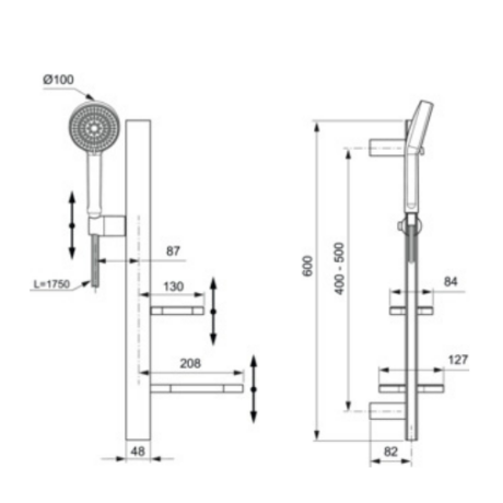 Technical diagram of a handheld shower on a vertical rail with multiple mounting arms, dimensions in millimeters, showing a Ø100 shower head and adjustable height measurements.