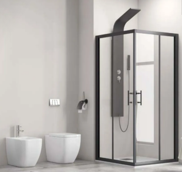 Modern bathroom with a glass-framed corner shower and a tall black shower panel beside a white toilet and bidet.
