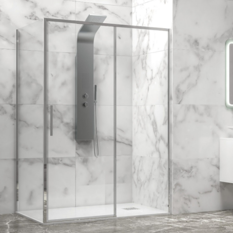 Walk-in glass shower enclosure with a metallic frame and marble-tiled walls in a modern bathroom.
