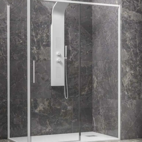 Glass shower enclosure with metal frame and a wall-mounted shower panel featuring two knobs and a handheld spray against dark marble walls.