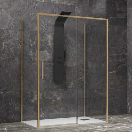Modern glass shower enclosure with brass frame in a dark marble bathroom, featuring a black vertical shower panel and handheld head.