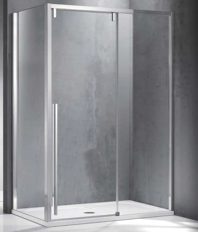 Corner glass shower enclosure with a chrome frame and sliding door in a modern bathroom setting.