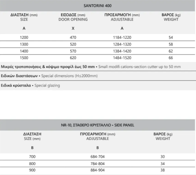 Specification sheet for SANTORINI 400: size A 1200–1500 mm, door opening X 470–620 mm, adjustable A 1184–1520 mm, weight 54–66 kg; NR-10 side panel: size B 700–900 mm, adjustable 684–904 mm, weight 30–38 kg.