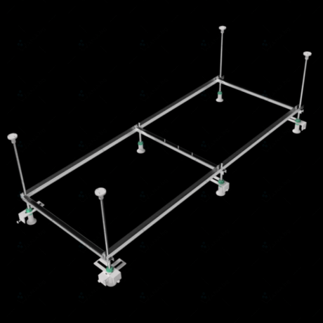 Isometric view of a rectangular metal frame on caster wheels with adjustable vertical posts at each corner and cross braces inside.