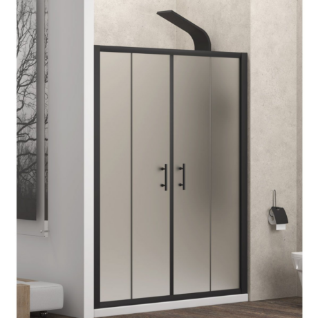 Modern bathroom shower enclosure with a black frame and four beige panel doors, chrome handles, and a curved shower arm above.
