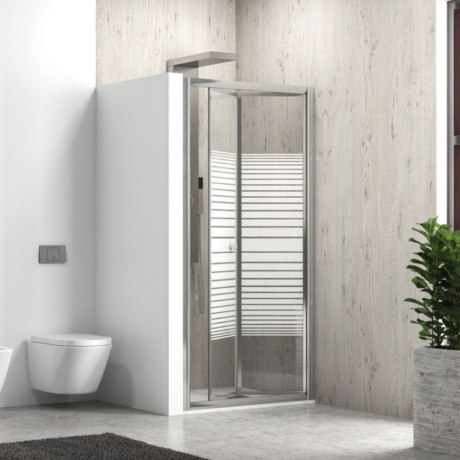 Modern minimalist bathroom featuring a wall-mounted toilet, a glass-framed shower enclosure, and a potted plant beside a wood-paneled wall.