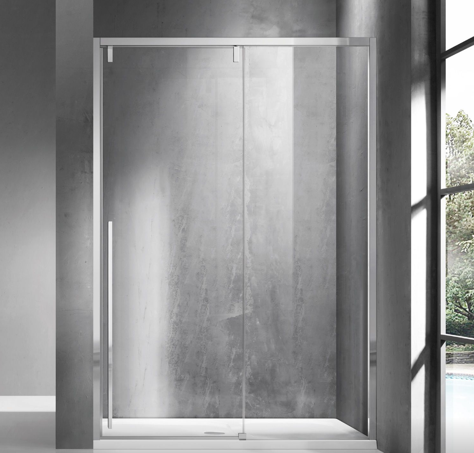 Modern glass shower enclosure with a metal frame in a concrete-finished bathroom.
