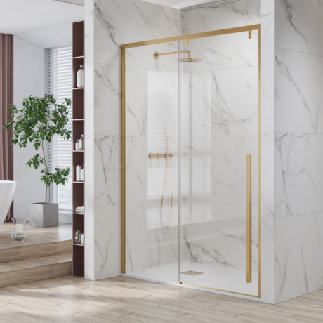 Modern bathroom with marble walls and a glass shower enclosure framed in gold, featuring a rainfall shower head and wooden floor.
