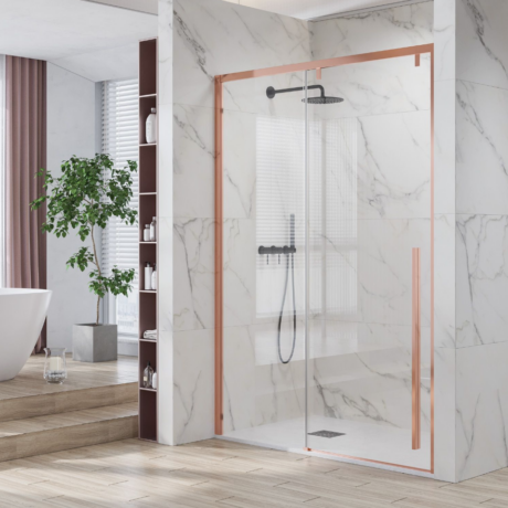 Modern bathroom with glass shower door framed in copper, marble walls, and a wooden floor beside a freestanding tub.