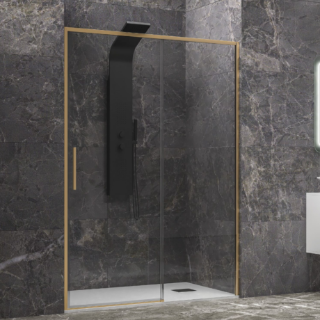 Modern glass shower enclosure with gold frame and black rain shower panel against dark marble walls.