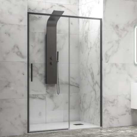 Modern walk-in shower with a black ceiling-mounted panel, handheld shower, and clear glass doors set in marble-tiled walls.